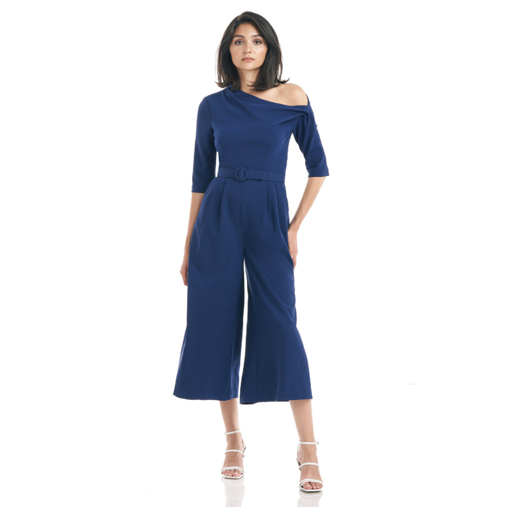 KAY UNGER Tori Tea Length Jumpsuit 10 Deep Navy Asymmetrical Shoulder